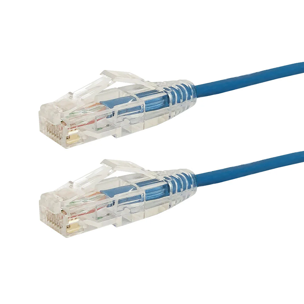 Cat6a slim UTP 10GB patch cable with easy squeeze clear strain relief boots.