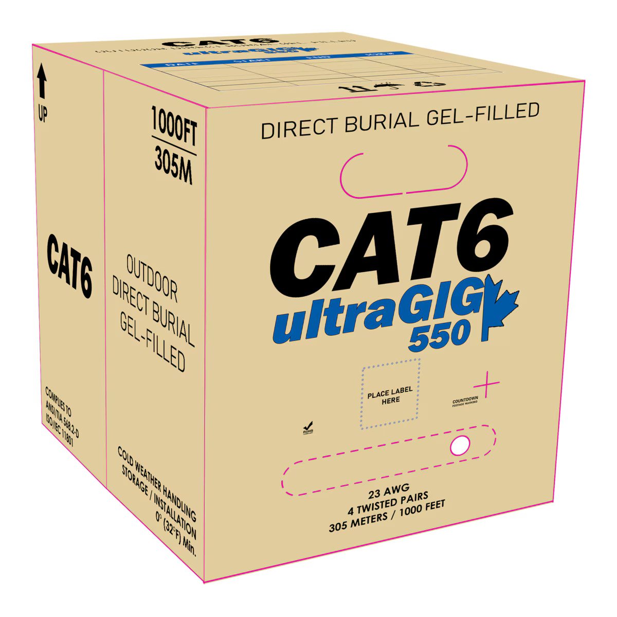 C6 Direct Burial with gel, Solid UTP 4 Pair 23AWG, Bulk Cable 1000ft pull box.